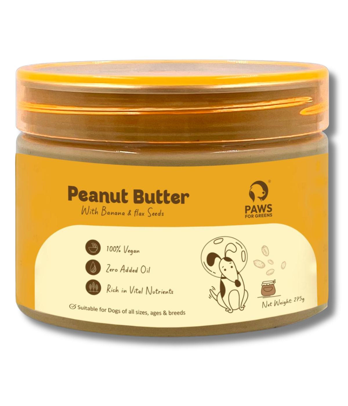 Creamy vegan peanut butter with banana, flaxseed rich in fibre and Omega 3; supports digestion, energy, wellness; ideal for enrichment.