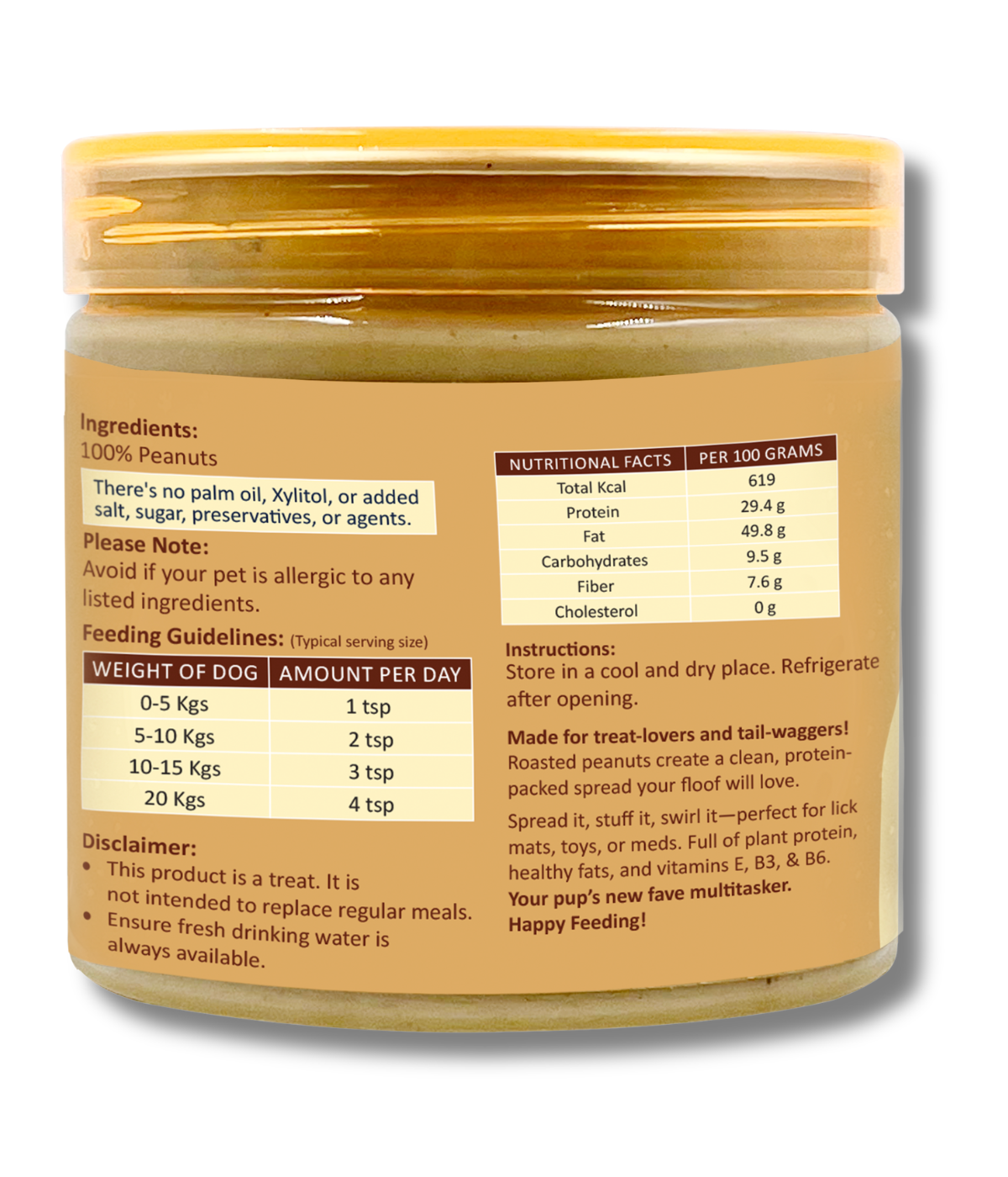 Creamy 100% peanut butter rich in natural protein and healthy fats; supports energy and vitality; ideal for enrichment and treats