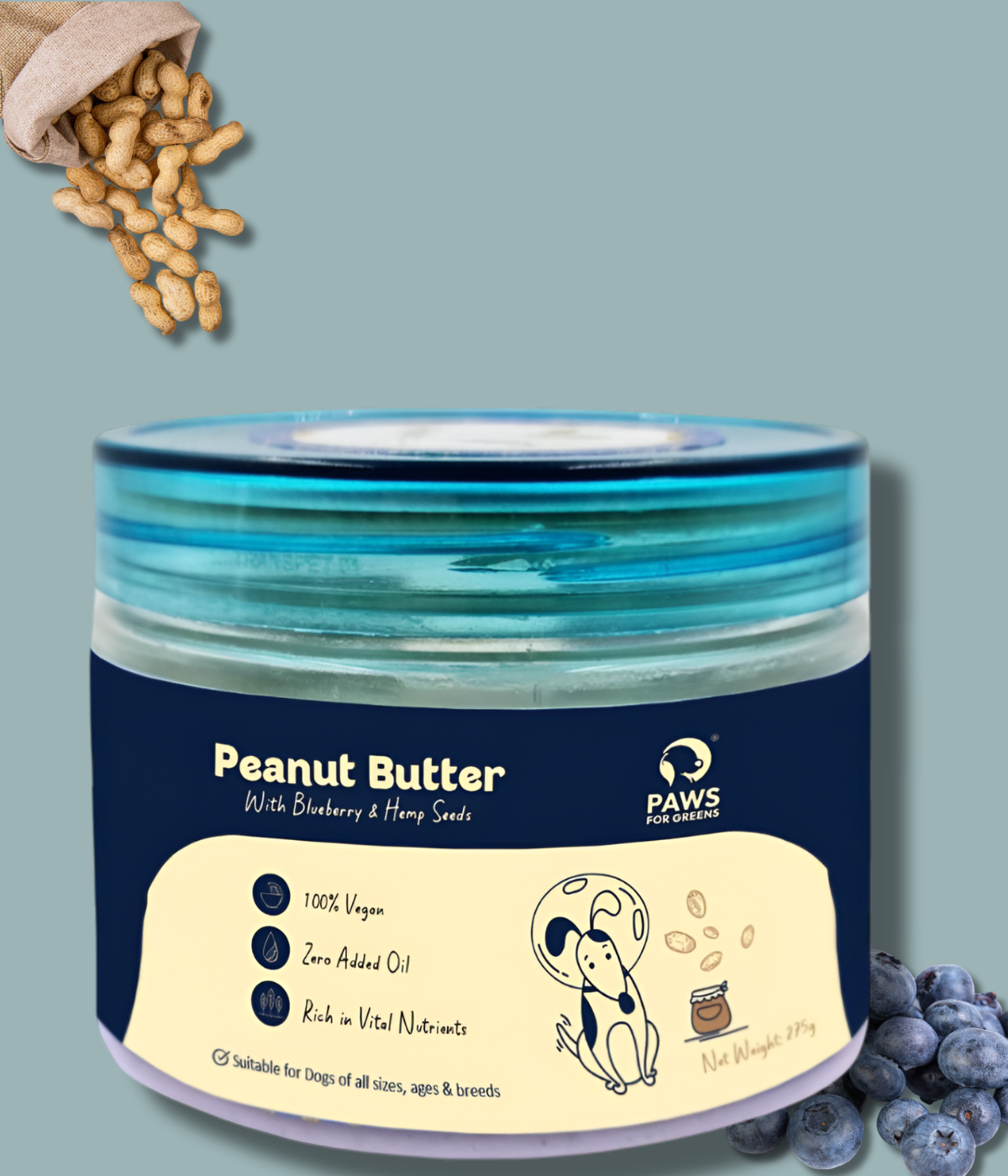 Natural Peanut Butter for Dogs with Blueberries and Hempseeds – 100% Natural, Preservative-Free, Healthy Dog Treat