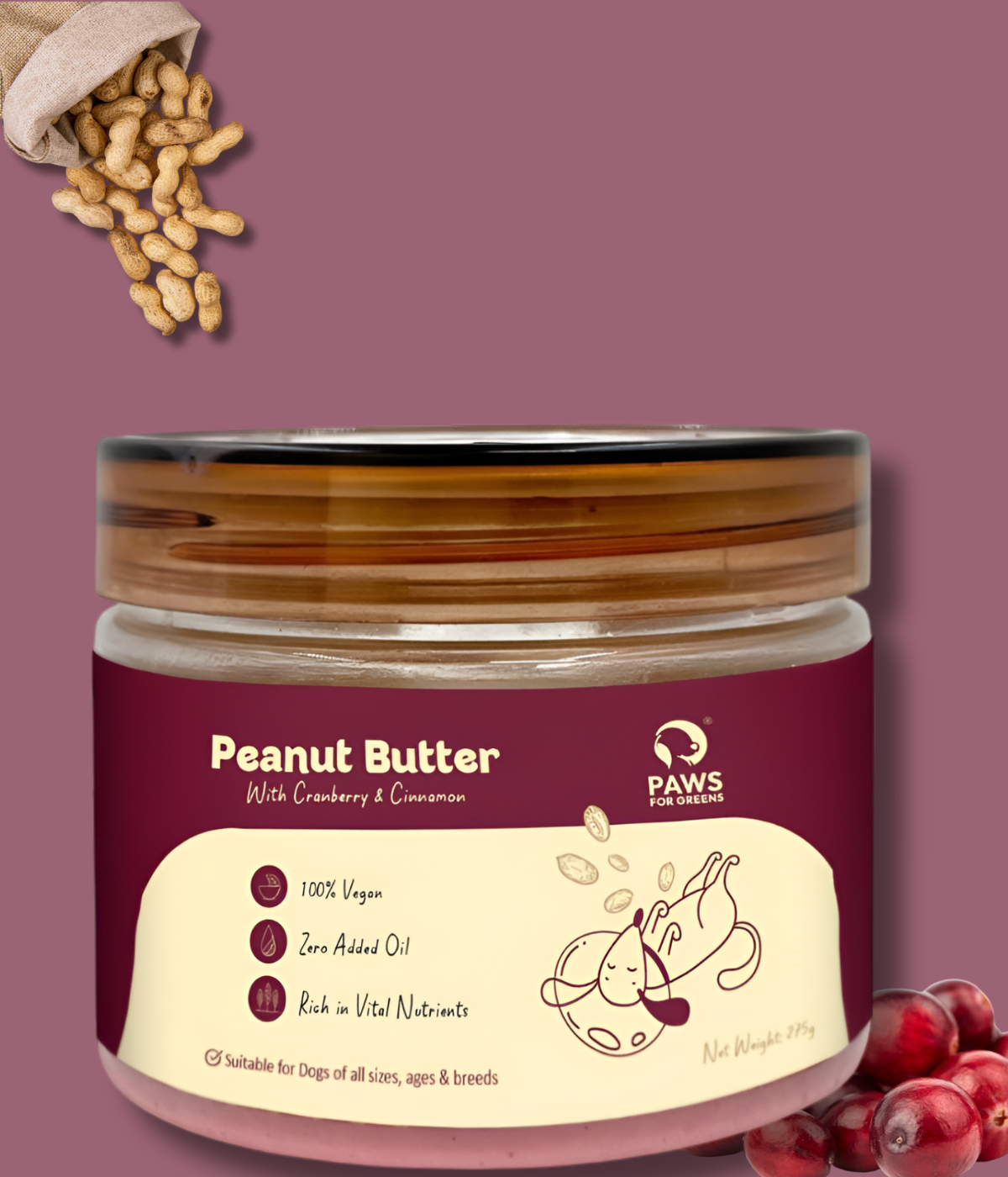 Natural Peanut Butter for Dogs with Cranberries and Hempseeds – 100% Natural, Preservative-Free, Healthy Dog Treat