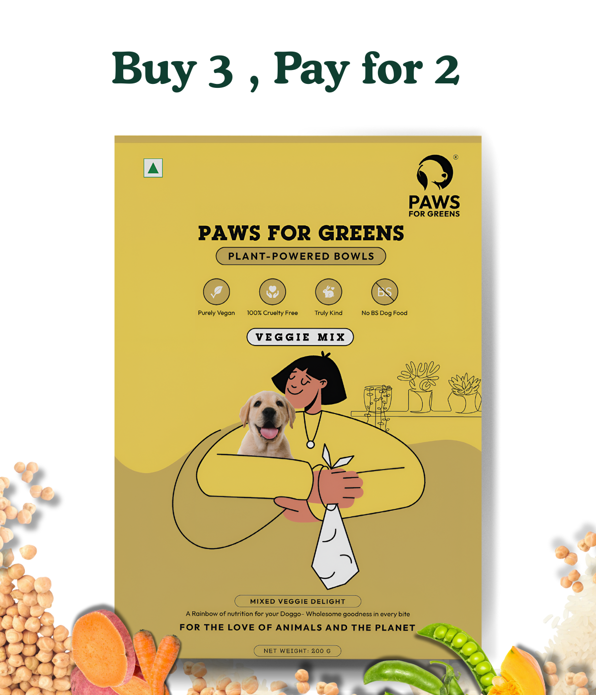 Veg Ready to Eat Wet Dog Food Plant & Based Vegan Pet Food Preservative-Free (Mix Veggie 100g+100g Pack)