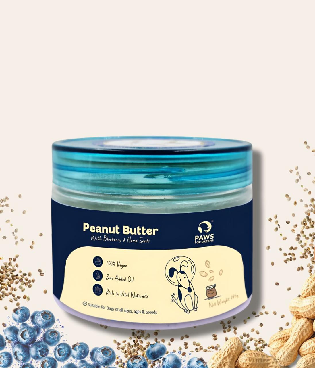 Creamy vegan peanut butter with blueberries, hemp seeds rich in antioxidants and Omegas; supports skin, coat, immunity; ideal for enrichment.