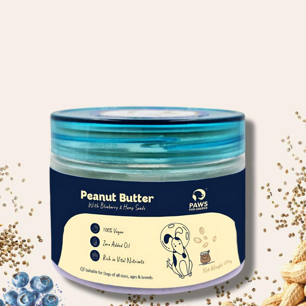 Creamy vegan peanut butter with blueberries, hemp seeds rich in antioxidants and Omegas; supports skin, coat, immunity; ideal for enrichment.