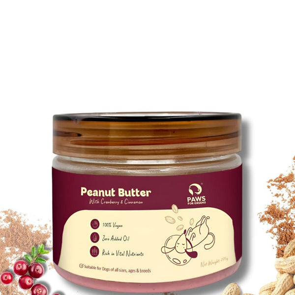 Creamy vegan peanut butter with cranberries, cinnamon rich in antioxidants and fibre; supports digestion and wellness; ideal for enrichment.