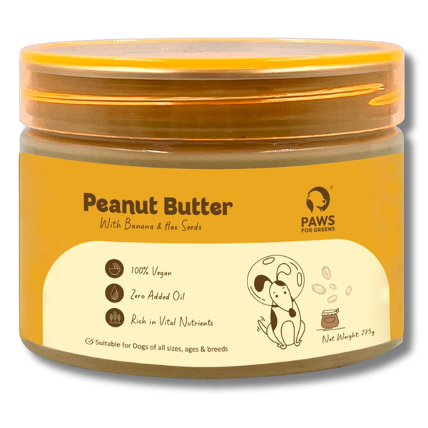 Creamy vegan peanut butter with banana, flaxseed rich in fibre and Omega 3; supports digestion, energy, wellness; ideal for enrichment.