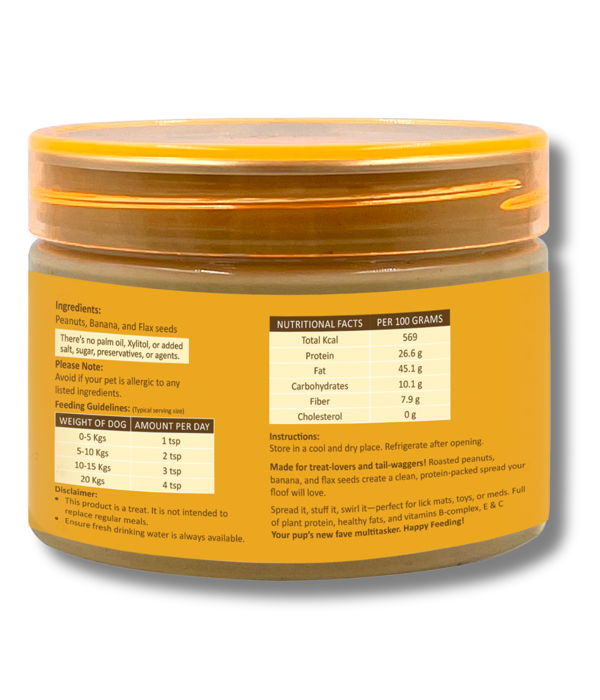 Creamy vegan peanut butter with banana, flaxseed rich in fibre and Omega 3; supports digestion, energy, wellness; ideal for enrichment.