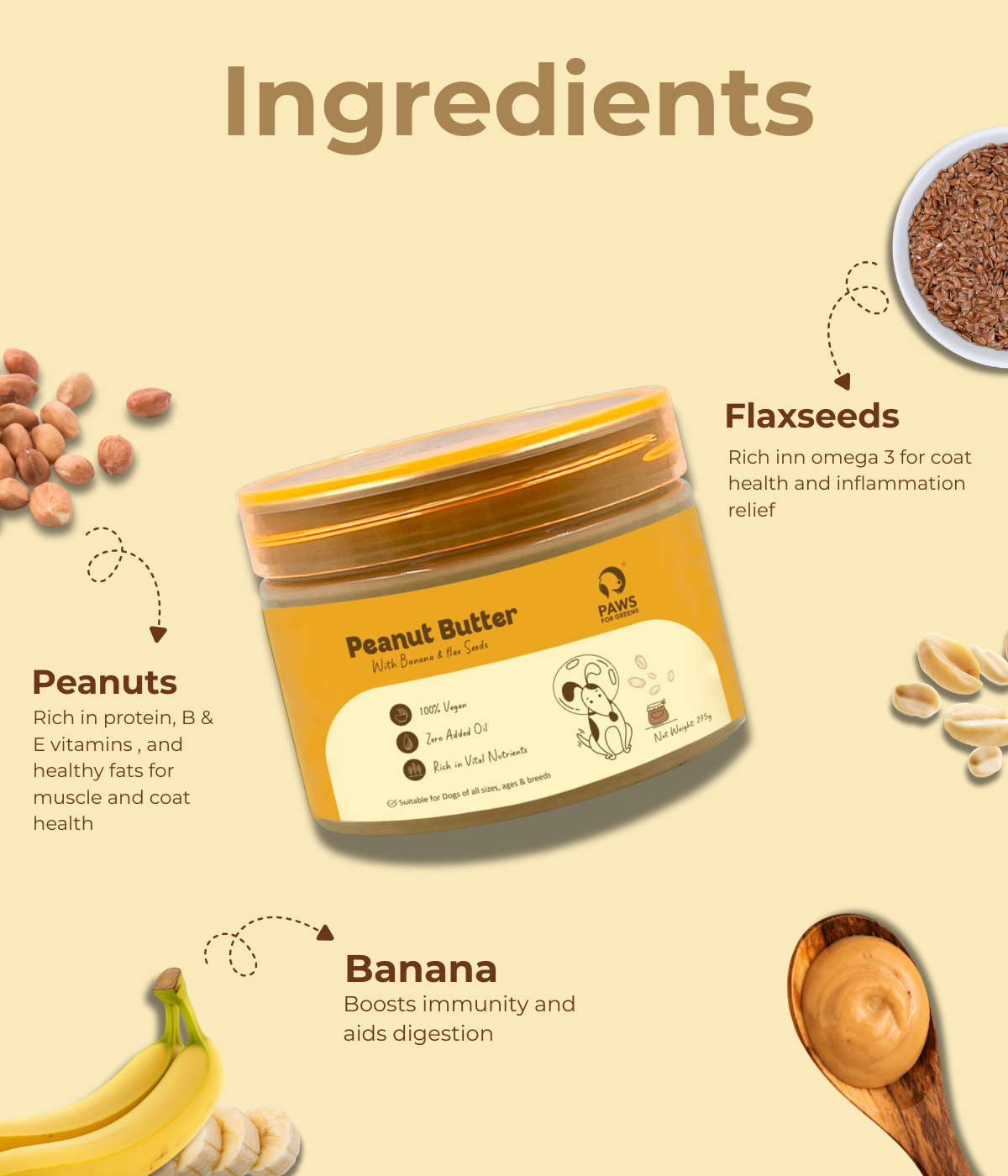 Creamy vegan peanut butter with banana, flaxseed rich in fibre and Omega 3; supports digestion, energy, wellness; ideal for enrichment.