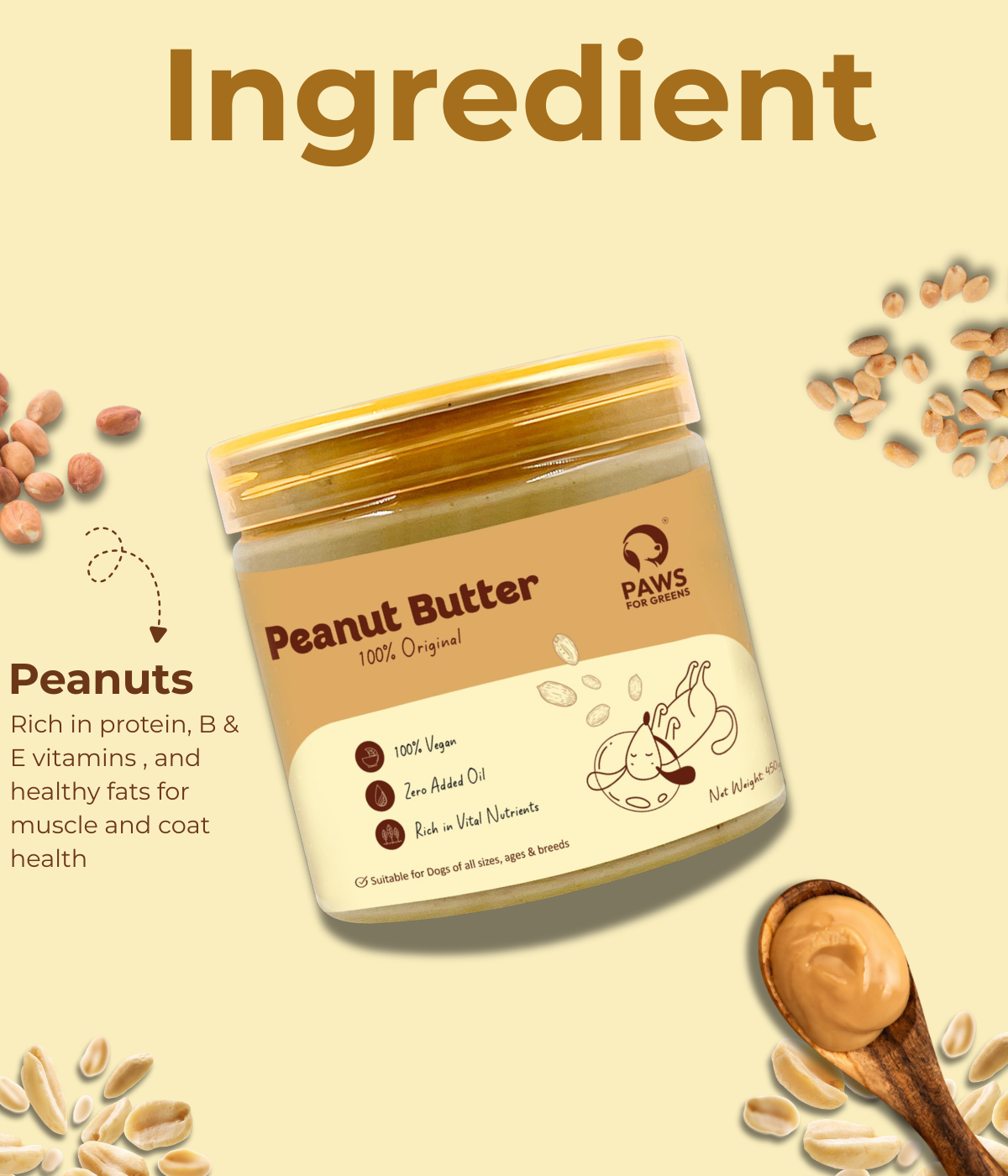 Creamy 100% peanut butter rich in natural protein and healthy fats; supports energy and vitality; ideal for enrichment and treats